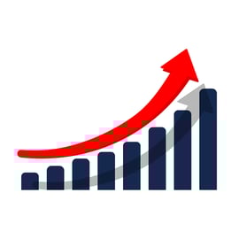 Navy blue graph with a red arrow pointing upwards indicating growth